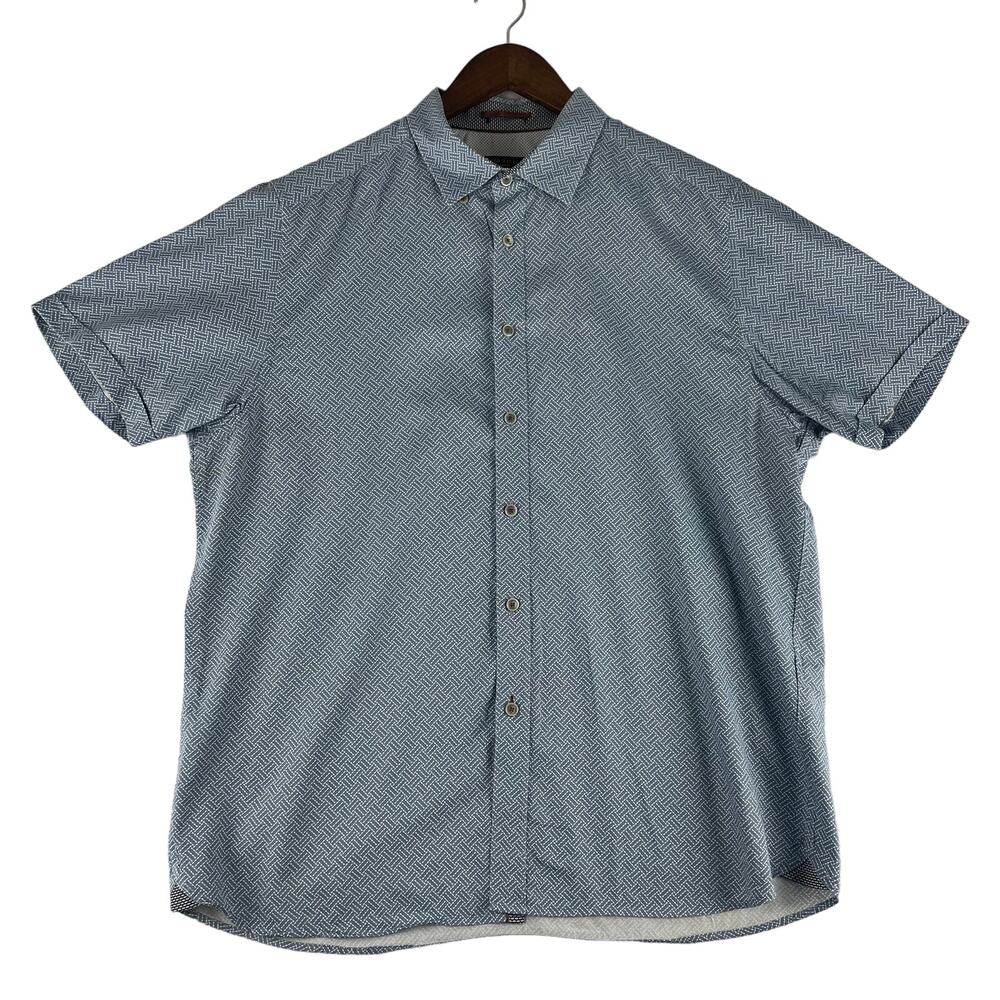 Ted Baker Short Sleeve Button Up Shirt Mens Vanity SZ 6 (XXL US) Blue Geo Print
